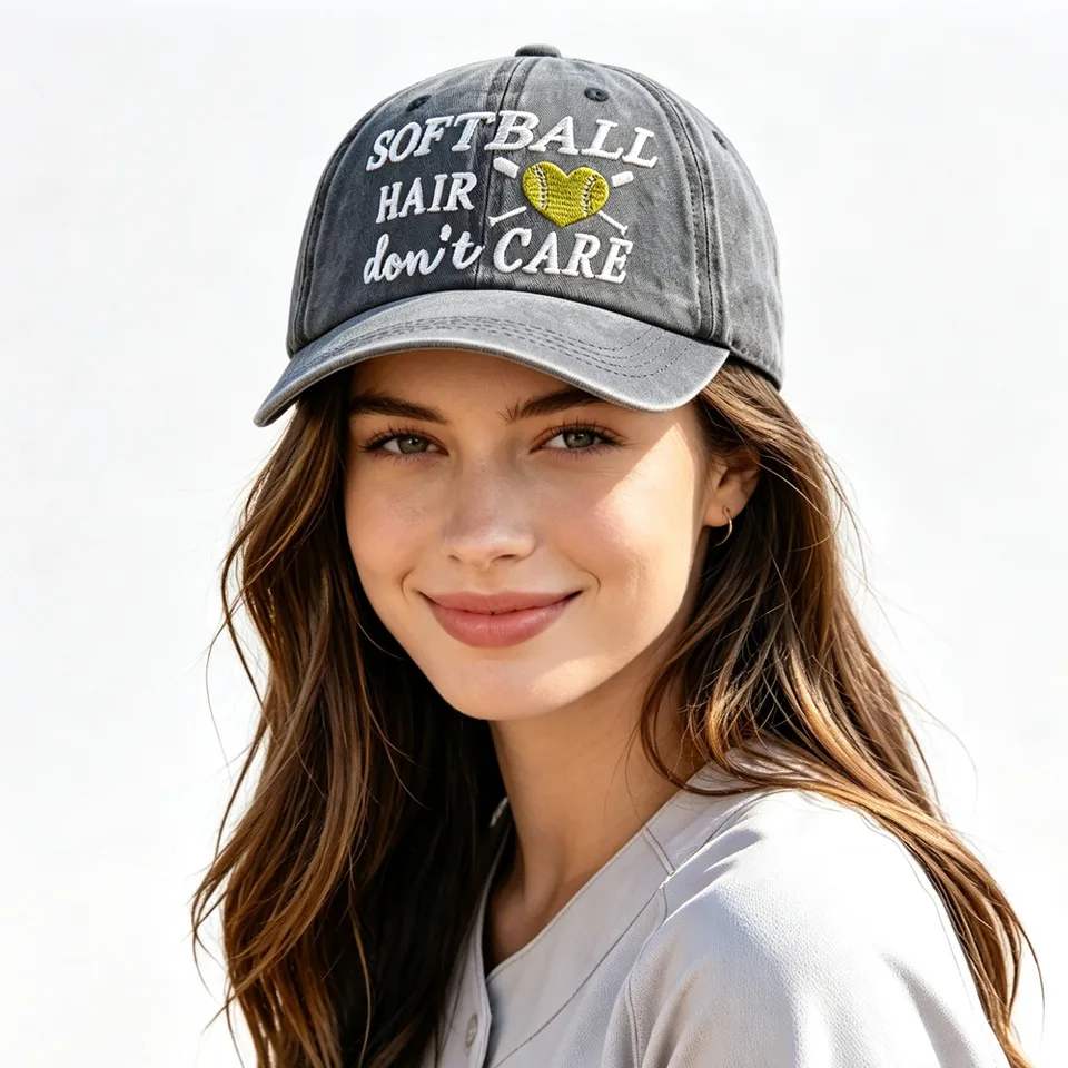 Softball Hair Don't Care Embroidered Washed Baseball Cap, Vintage Distressed Hat For Women Softball Lover view 3