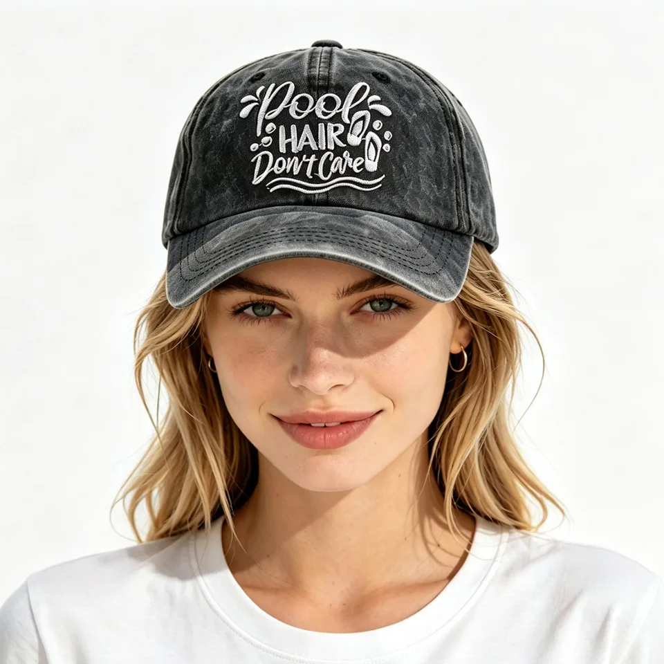 Pool Hair Don't Care Vintage Washed Baseball Cap For Women, Funny Pool Beach Vacation Adjustable Hat view 2