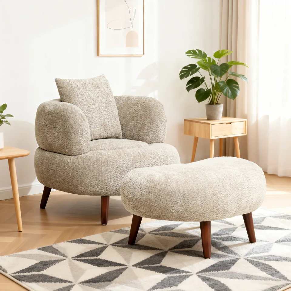 Nordic Style Lazy-Style Clubchair 36 Inches Chenille Fabric Bucket Chair Decorative Chair Soft Cushion With Pillow With Ottoman For Living Room Study And Relaxation Room Camel
