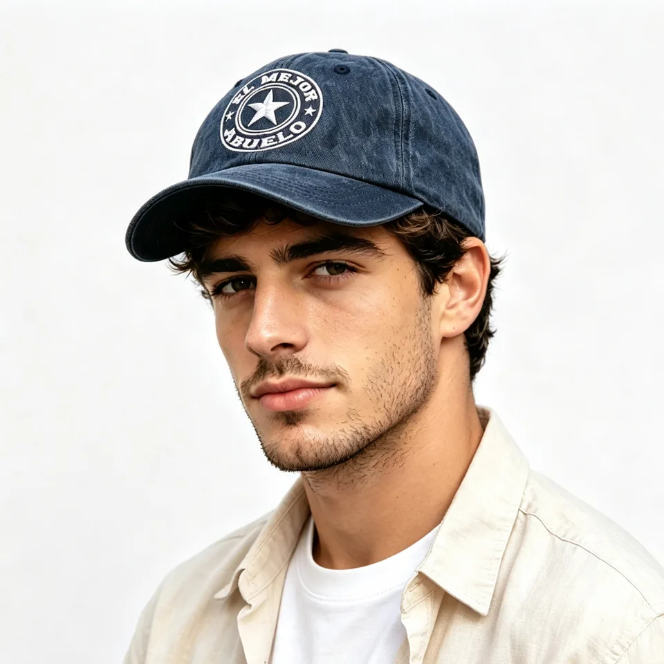 El Mejor Abuelo Washed Navy Baseball Cap, Embroidered Star Vintage Hat view 3