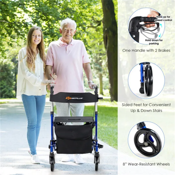 2-in-1 Blue Rollator Walker & Wheelchair - 330 Lbs Capacity, 8inch PVC Wheels X-Shaped Structure Stability, Ideal For Seniors Disabled view 3