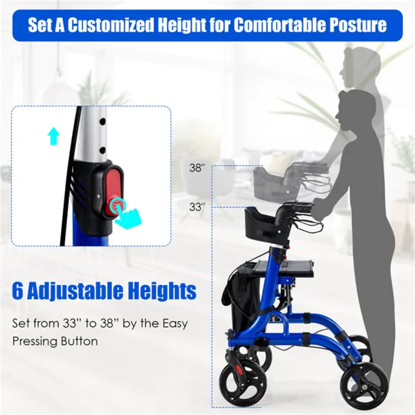 2-in-1 Blue Rollator Walker & Wheelchair - 330 Lbs Capacity, 8inch PVC Wheels X-Shaped Structure Stability, Ideal For Seniors Disabled view 2