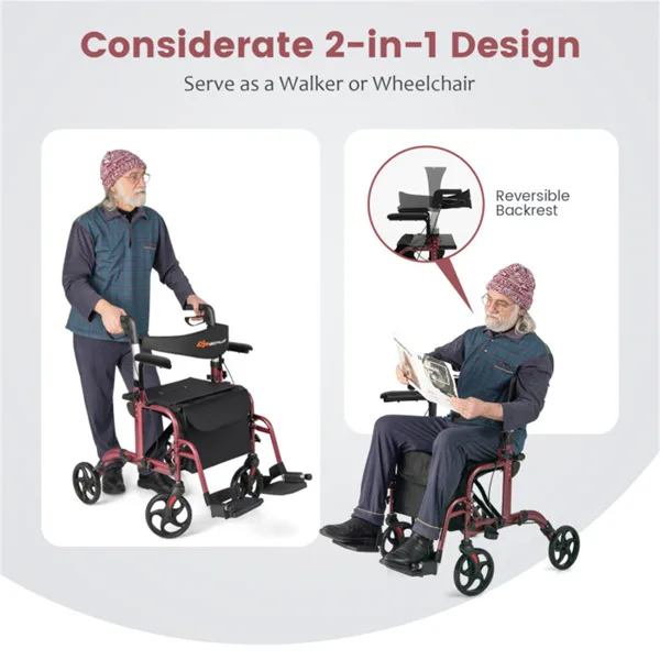 2-in-1 Rollator Walker & Wheelchair 300lbs 6-Level Adjustable Handles, 1-Hand Folding, Storage Bag Cane Holder For Elderly-Red view 2