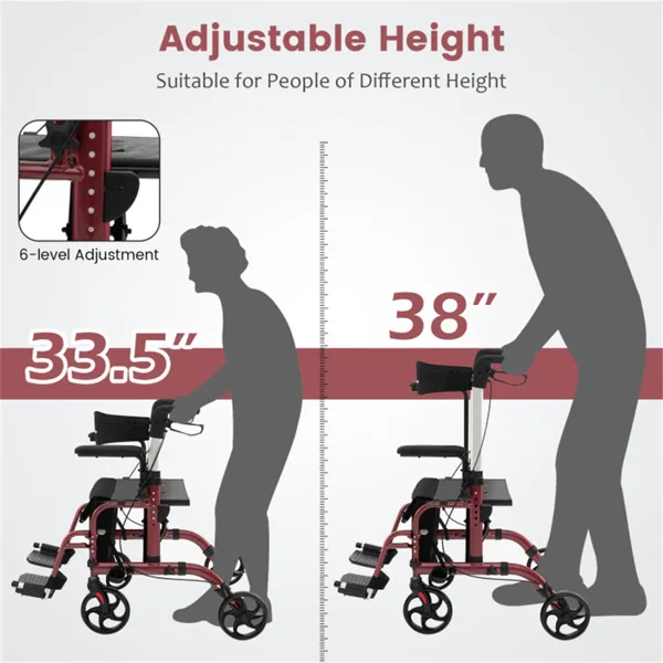 2-in-1 Rollator Walker & Wheelchair 300lbs 6-Level Adjustable Handles, 1-Hand Folding, Storage Bag Cane Holder For Elderly-Red view 3