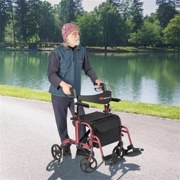 2-in-1 Rollator Walker & Wheelchair 300lbs 6-Level Adjustable Handles, 1-Hand Folding, Storage Bag Cane Holder For Elderly-Red view 4