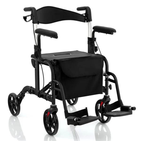 2-in-1 Rollator Walker & Wheelchair 300lbs 6-Level Adjustable Handles, 1-Hand Folding, Storage Bag Cane Holder For Elderly-Black
