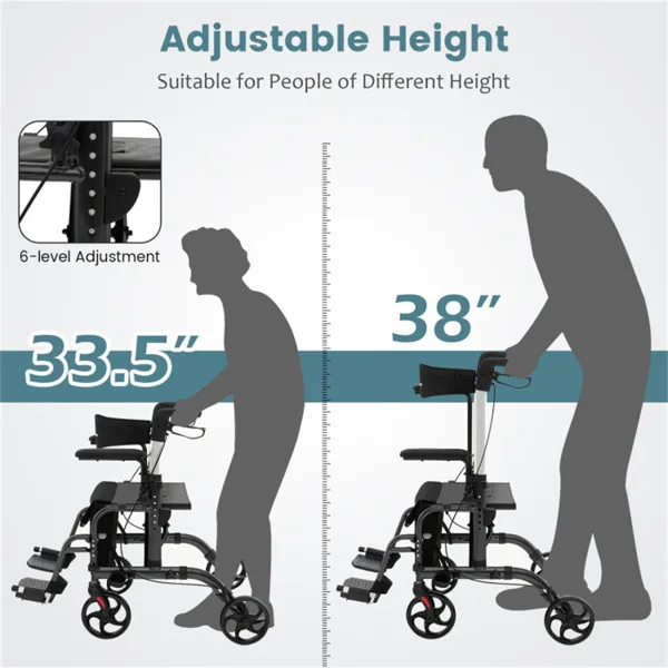 2-in-1 Rollator Walker & Wheelchair 300lbs 6-Level Adjustable Handles, 1-Hand Folding, Storage Bag Cane Holder For Elderly-Black view 2