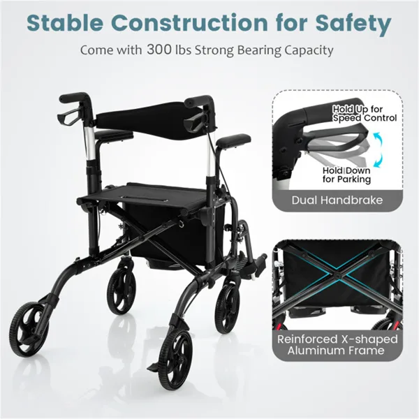 2-in-1 Rollator Walker & Wheelchair 300lbs 6-Level Adjustable Handles, 1-Hand Folding, Storage Bag Cane Holder For Elderly-Black view 4