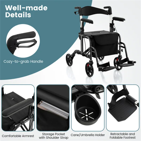 2-in-1 Rollator Walker & Wheelchair 300lbs 6-Level Adjustable Handles, 1-Hand Folding, Storage Bag Cane Holder For Elderly-Black view 3