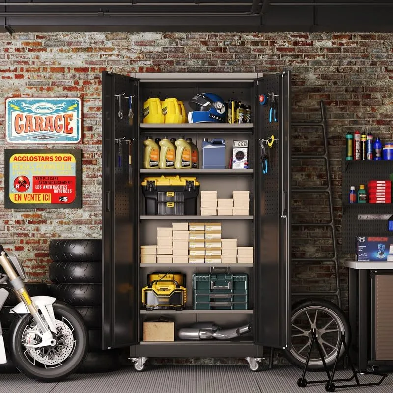 Aobabo Metal Storage Cabinet With Wheels And Door Pegboard Garage And Business Storage For Tools And Office Supplies 5 Adjustable Shelves view 3