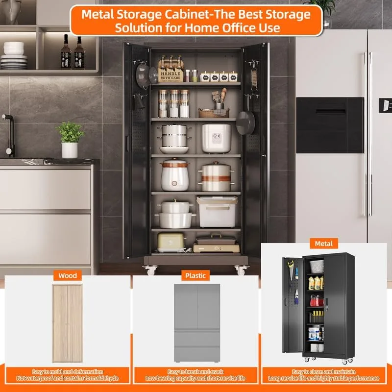Aobabo Metal Storage Cabinet With Wheels And Door Pegboard Garage And Business Storage For Tools And Office Supplies 5 Adjustable Shelves view 4