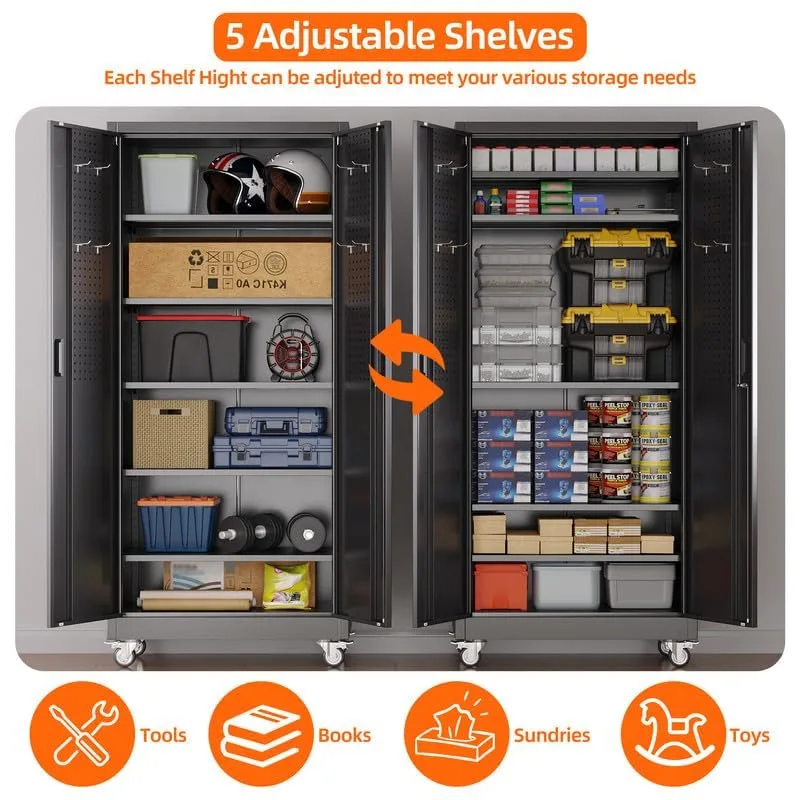 Aobabo Metal Storage Cabinet With Wheels And Door Pegboard Garage And Business Storage For Tools And Office Supplies 5 Adjustable Shelves view 2