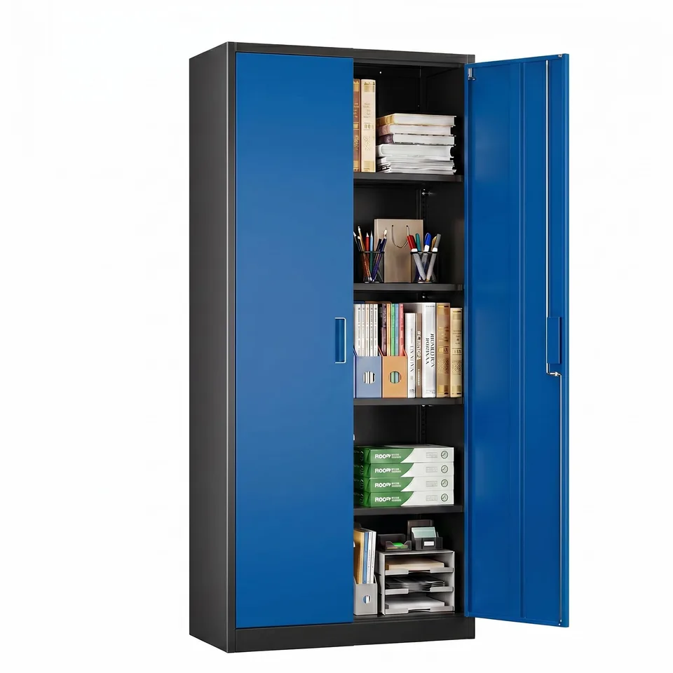 Metal Garage Storage Cabinet, Lockable Steel Storage Cabinet With 4 Adjustable Shelves For Garage, Office, Home, Assembly Required, Black & view 2