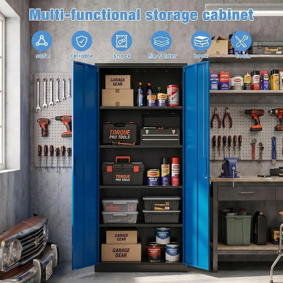 Metal Garage Storage Cabinet, Lockable Steel Storage Cabinet With 4 Adjustable Shelves For Garage, Office, Home, Assembly Required, Black & view 3
