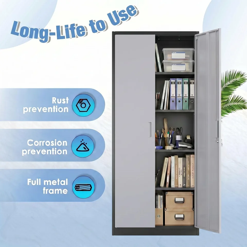 Metal Garage Storage Cabinet, Lockable Steel Storage Cabinet With 4 Adjustable Shelves For Garage, Office, Home, Assembly Required, Black & Gray