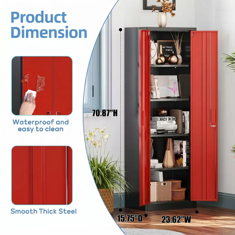 Metal Garage Storage Cabinet, Lockable Steel Storage Cabinet With 4 Adjustable Shelves For Garage, Office, Home, Assembly Required, Black & view 2