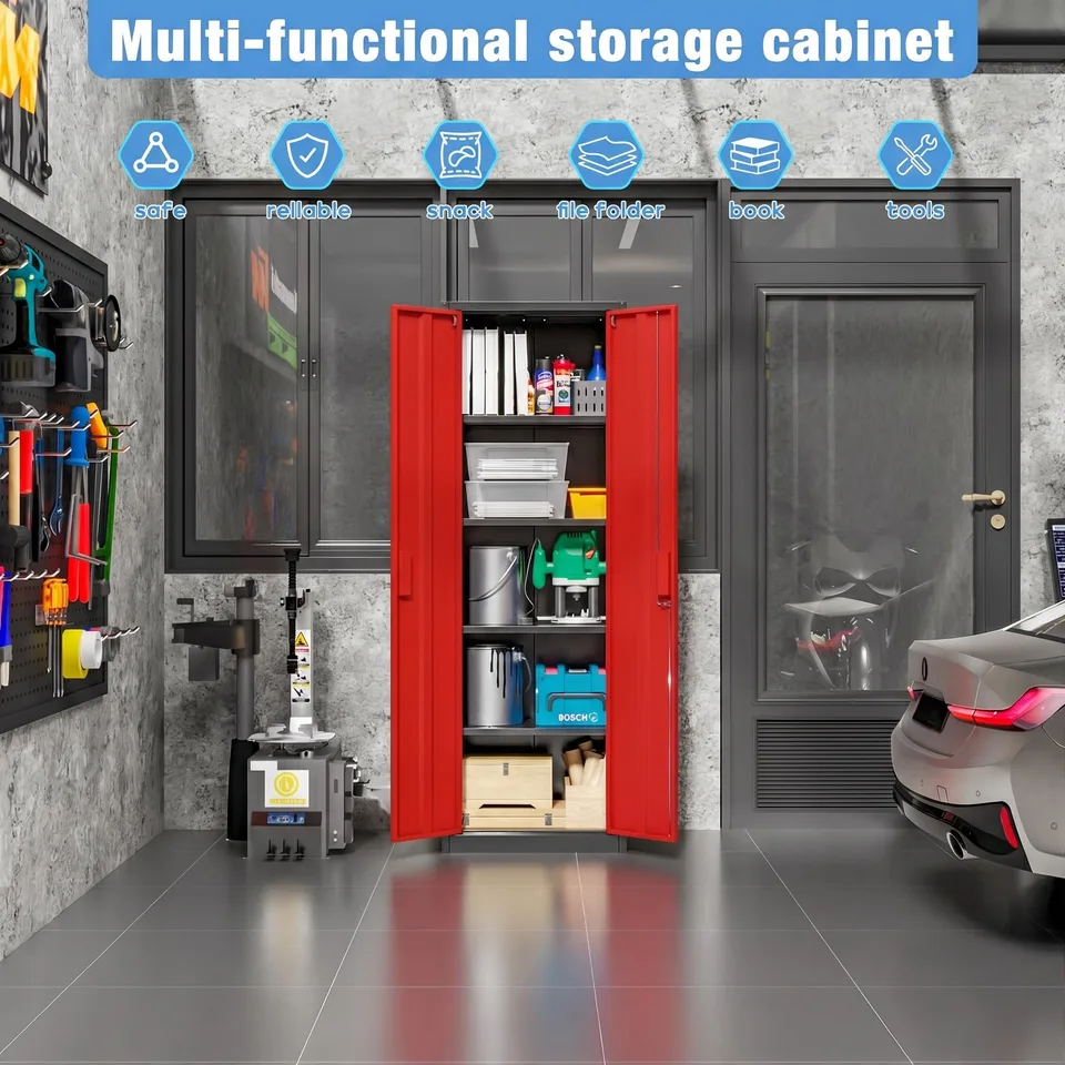 Metal Garage Storage Cabinet, Lockable Steel Storage Cabinet With 4 Adjustable Shelves For Garage, Office, Home, Assembly Required, Black & view 3