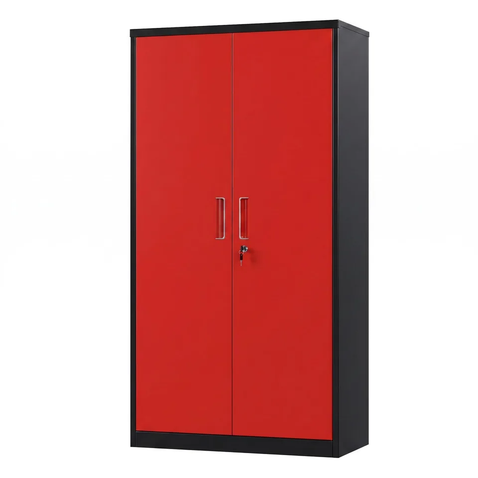 Metal Garage Storage Cabinet, Lockable Steel Storage Cabinet With 3 Adjustable Shelves For Garage, Office, Home, Assembly Required, Black & Red