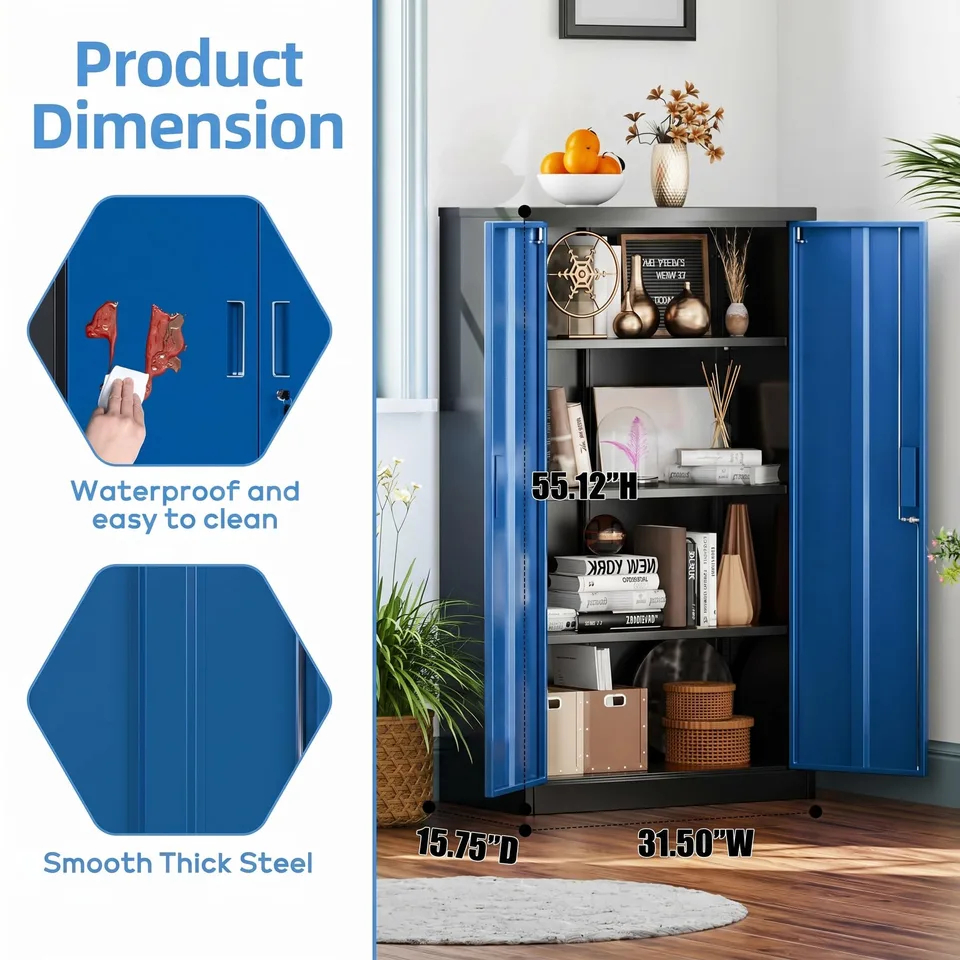 Metal Garage Storage Cabinet, Lockable Steel Storage Cabinet With 3 Adjustable Shelves For Garage, Office, Home, Assembly Required, Black & view 3