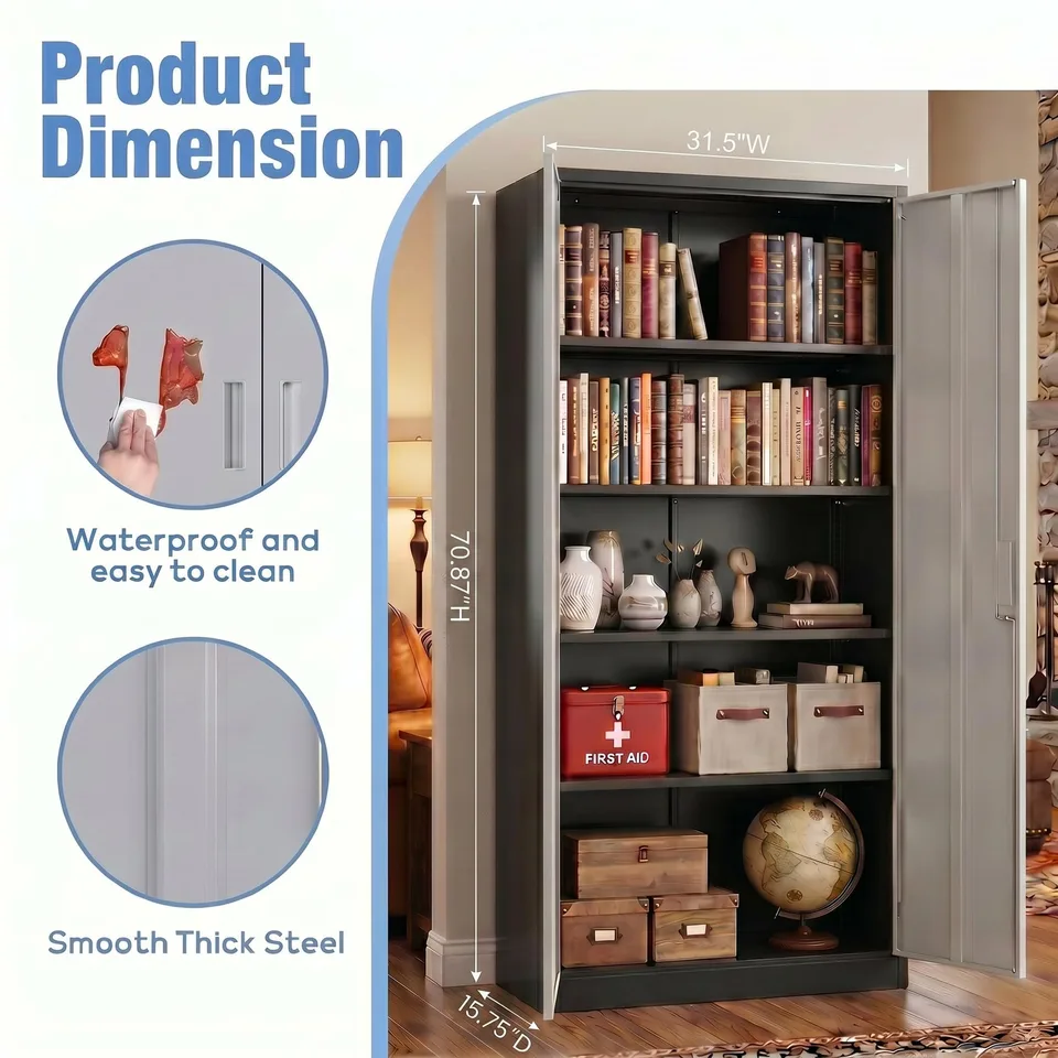 Metal Garage Storage Cabinet, Lockable Steel Storage Cabinet With 4 Adjustable Shelves For Garage, Office, Home, Assembly Required, Black & view 2