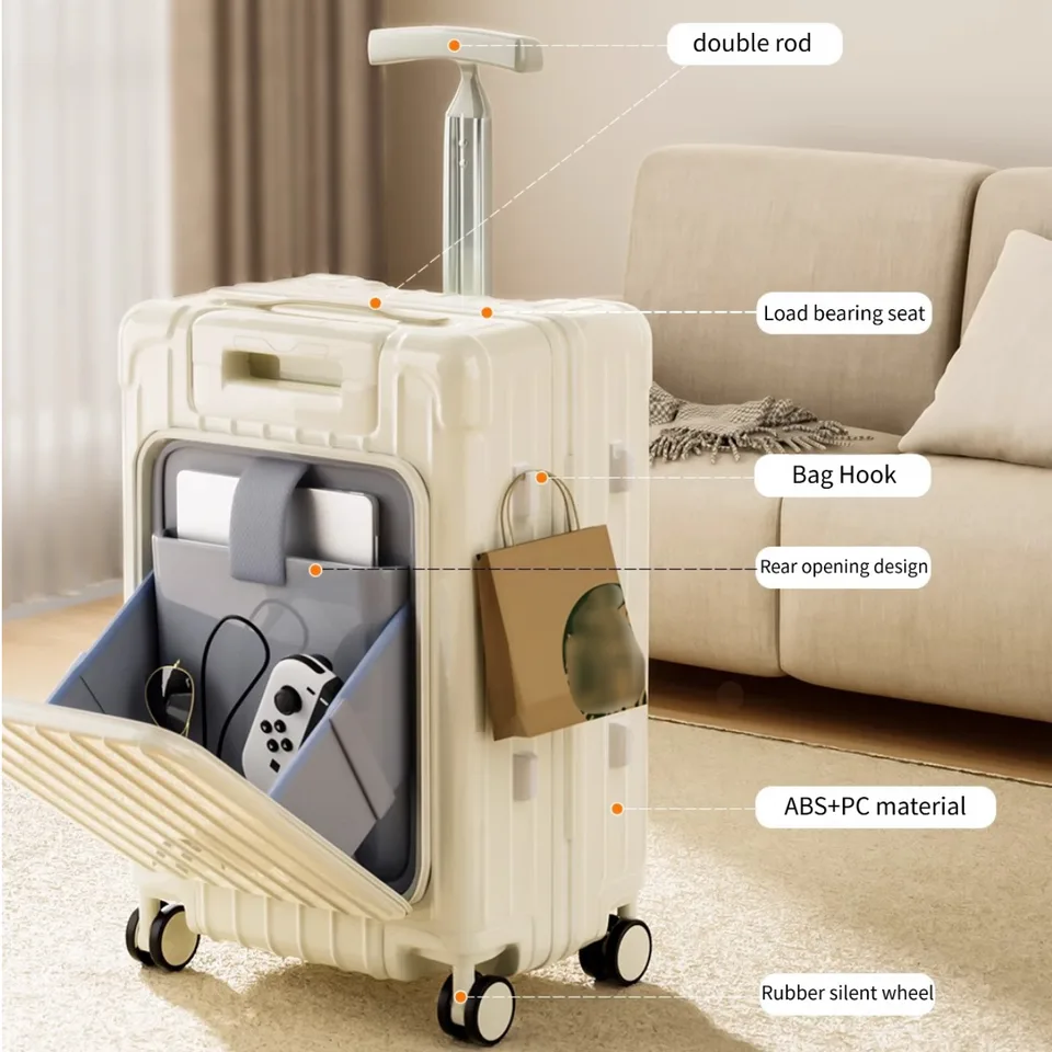 20 Inch Double Pull Rod Design Luggage Case, Can Be Seated, Front Open Lid Luggage Compartment, Silent Universal Wheels, Dry Wet Separation view 2