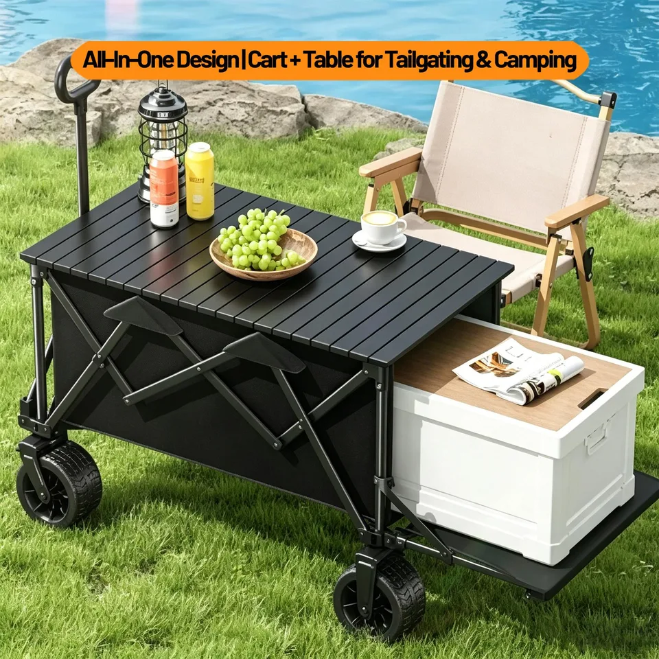 Multi-functional Foldable Camping Cart With Removable Tabletop, Expandable Rear Storage Space, All-terrain Wheels, Suitable For Outdoor view 12