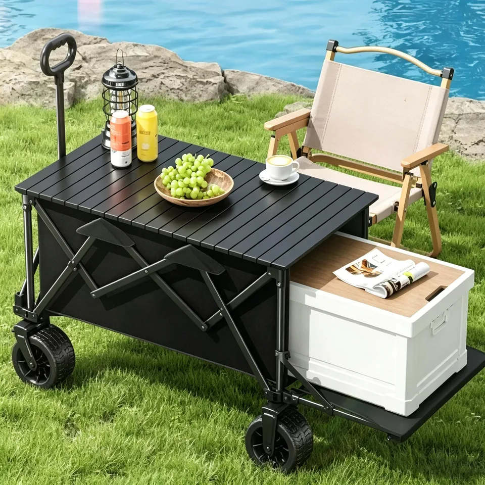 Multi-functional Foldable Camping Cart With Removable Tabletop, Expandable Rear Storage Space, All-terrain Wheels, Suitable For Outdoor view 4