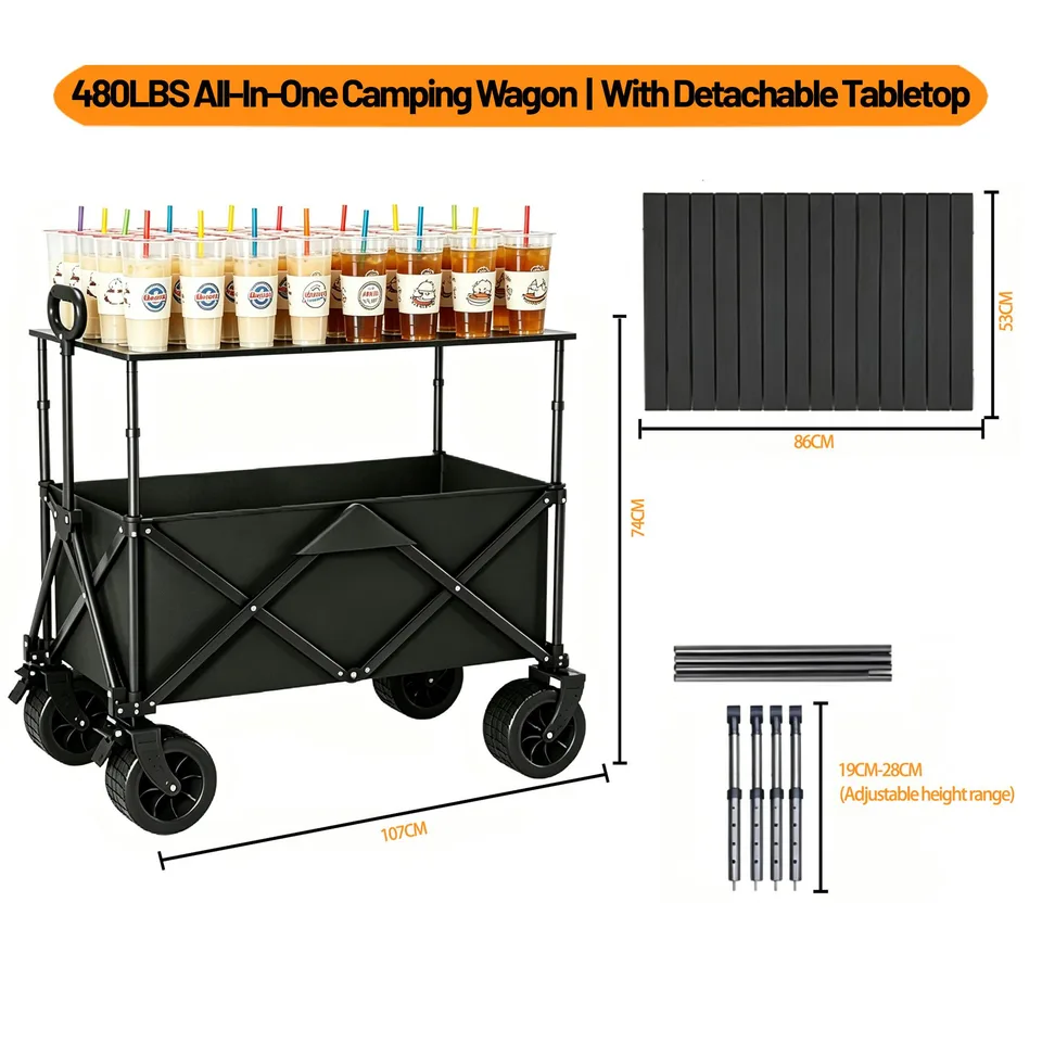 Multi-functional Foldable Camping Cart With Removable Tabletop, Expandable Rear Storage Space, All-terrain Wheels, Suitable For Outdoor view 2