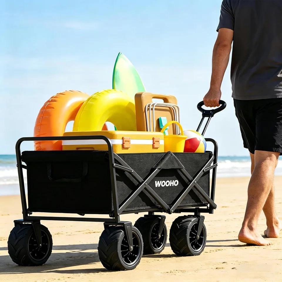Foldable Multifunctional Camp Trailer Large Capacity Outdoor Camping Beach Trolley Available In Black And Beige view 4