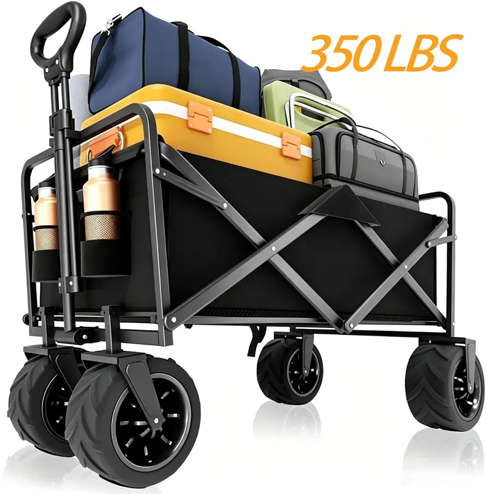 Foldable Multifunctional Camp Trailer Large Capacity Outdoor Camping Beach Trolley Available In Black And Beige view 3