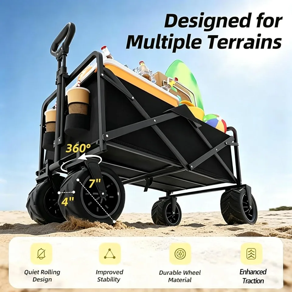 Foldable Multifunctional Camp Trailer Large Capacity Outdoor Camping Beach Trolley Available In Black And Beige view 5