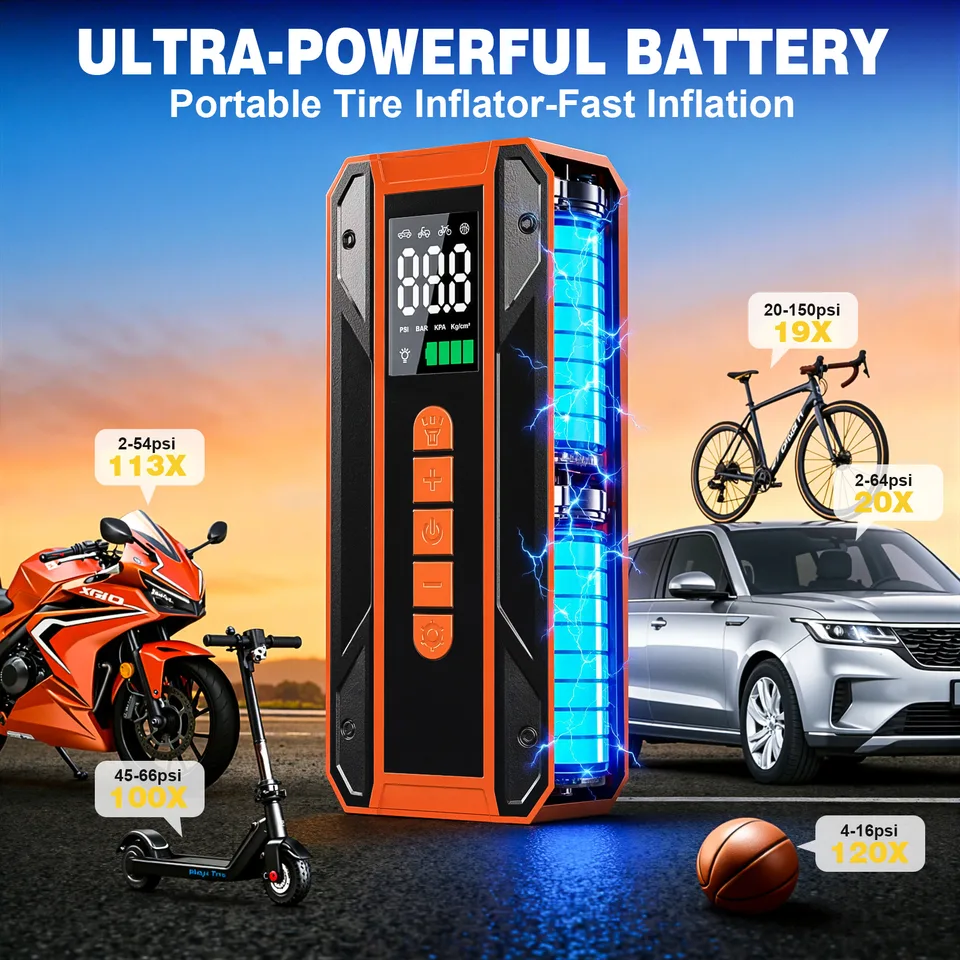 Air Pump Car Jumper Starter Portable Battery Pack With 150PSI Tire Inflator, 12V Jumper Box For Car Charger Battery Booster With LCD view 6