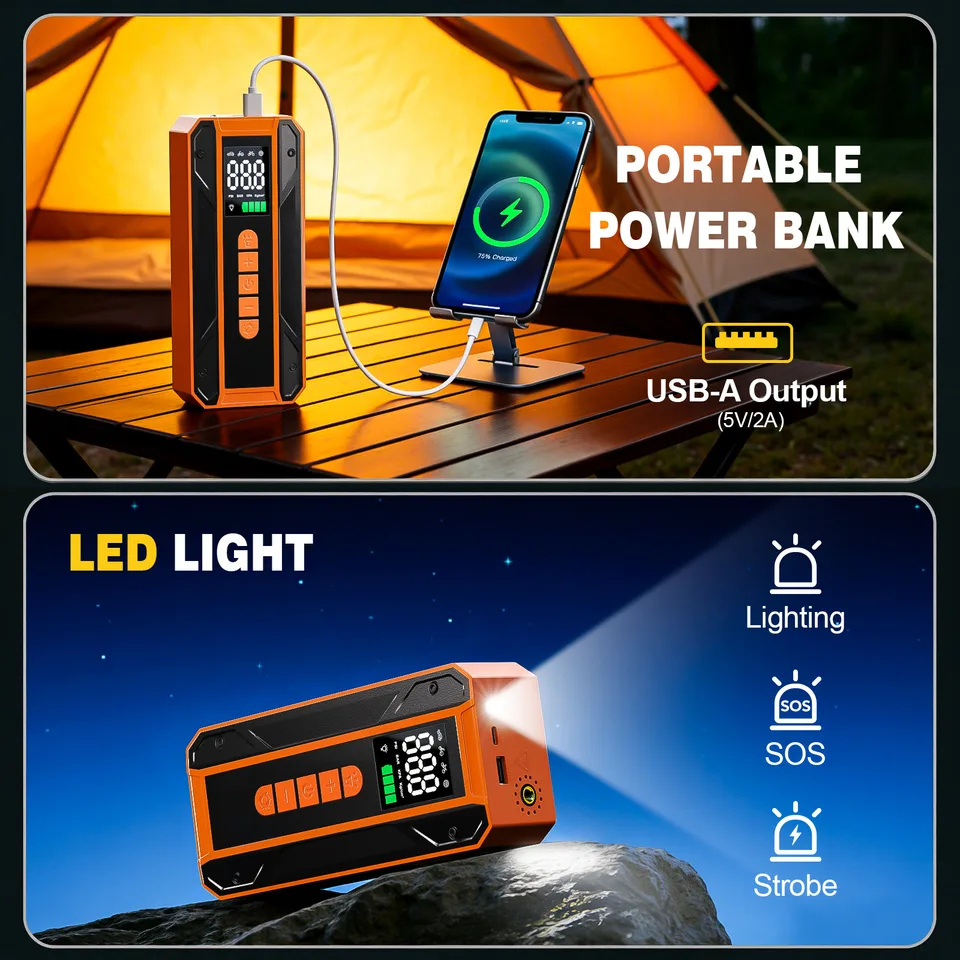 Air Pump Car Jumper Starter Portable Battery Pack With 150PSI Tire Inflator, 12V Jumper Box For Car Charger Battery Booster With LCD view 5