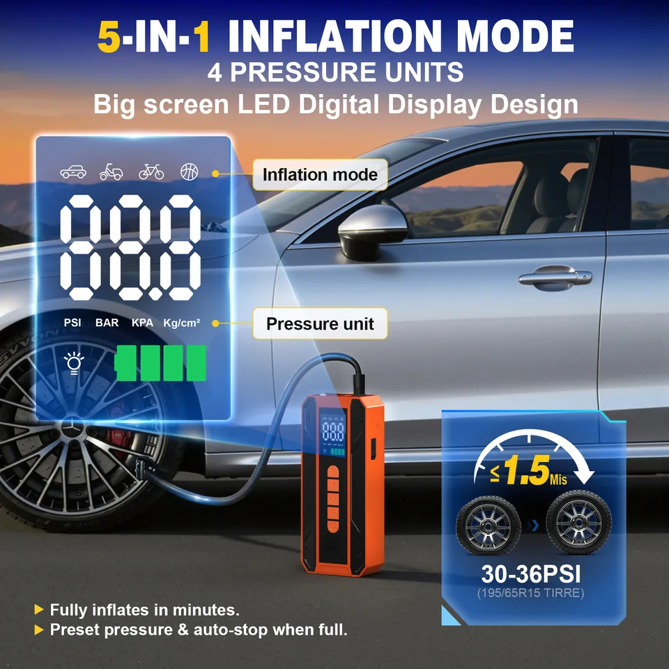 Air Pump Car Jumper Starter Portable Battery Pack With 150PSI Tire Inflator, 12V Jumper Box For Car Charger Battery Booster With LCD view 7