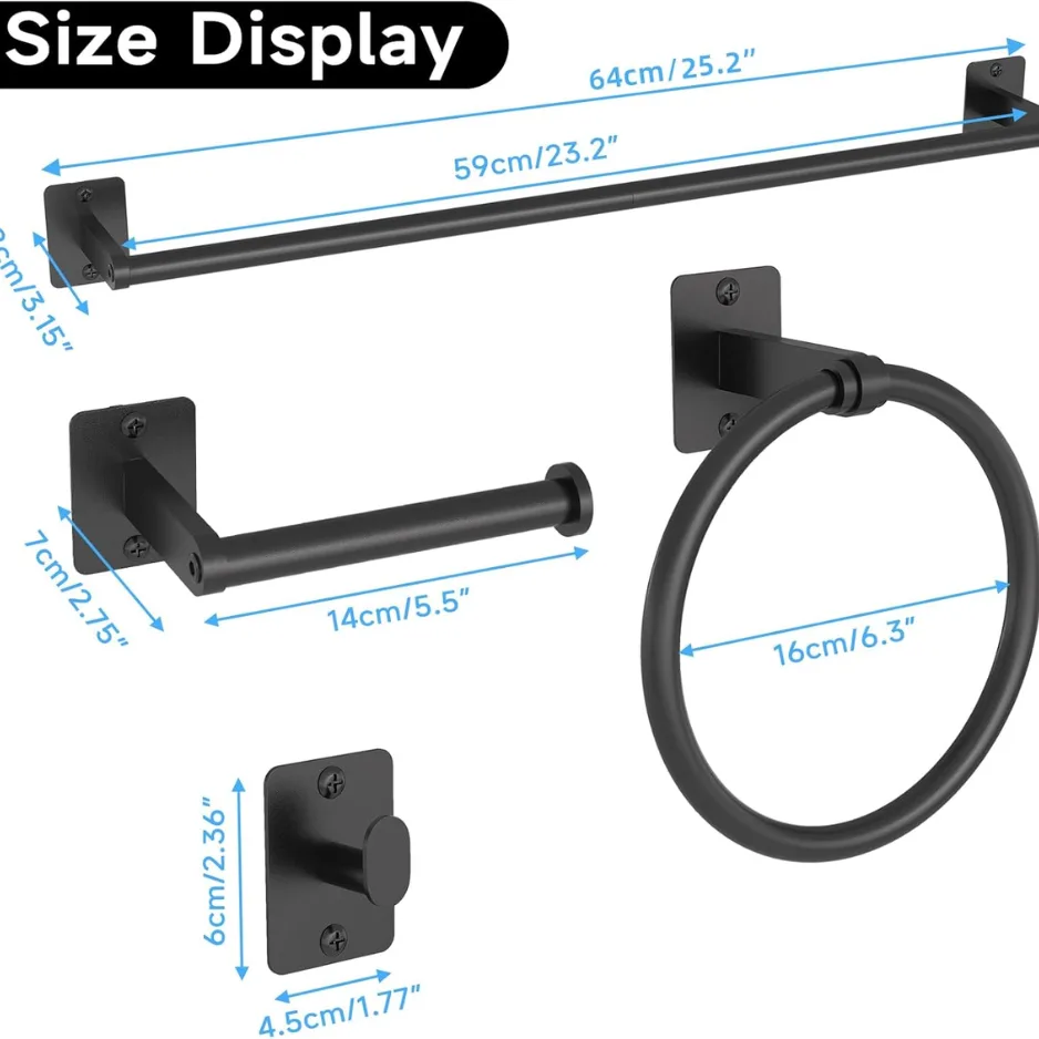 Black Bathroom Accessories Set 4-Piece Bathroom Hardware Set 24 Inch Towel Bar Robe Hooks Toilet Paper Holder view 2