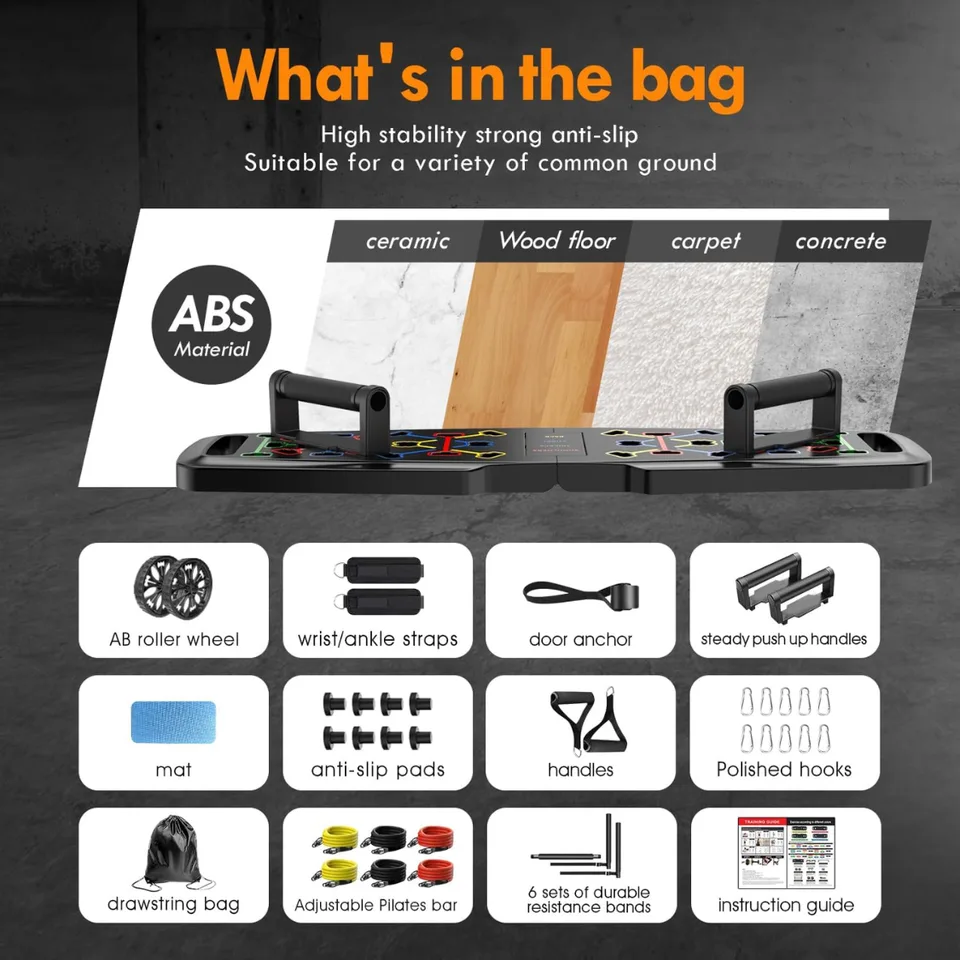 PUsh Up Board,Home Gym,Portable Exercise Equipment,Pilates Bar And 20 Fitness Accessories With Resistance Bands And Ab Roller Wheel,Full view 3