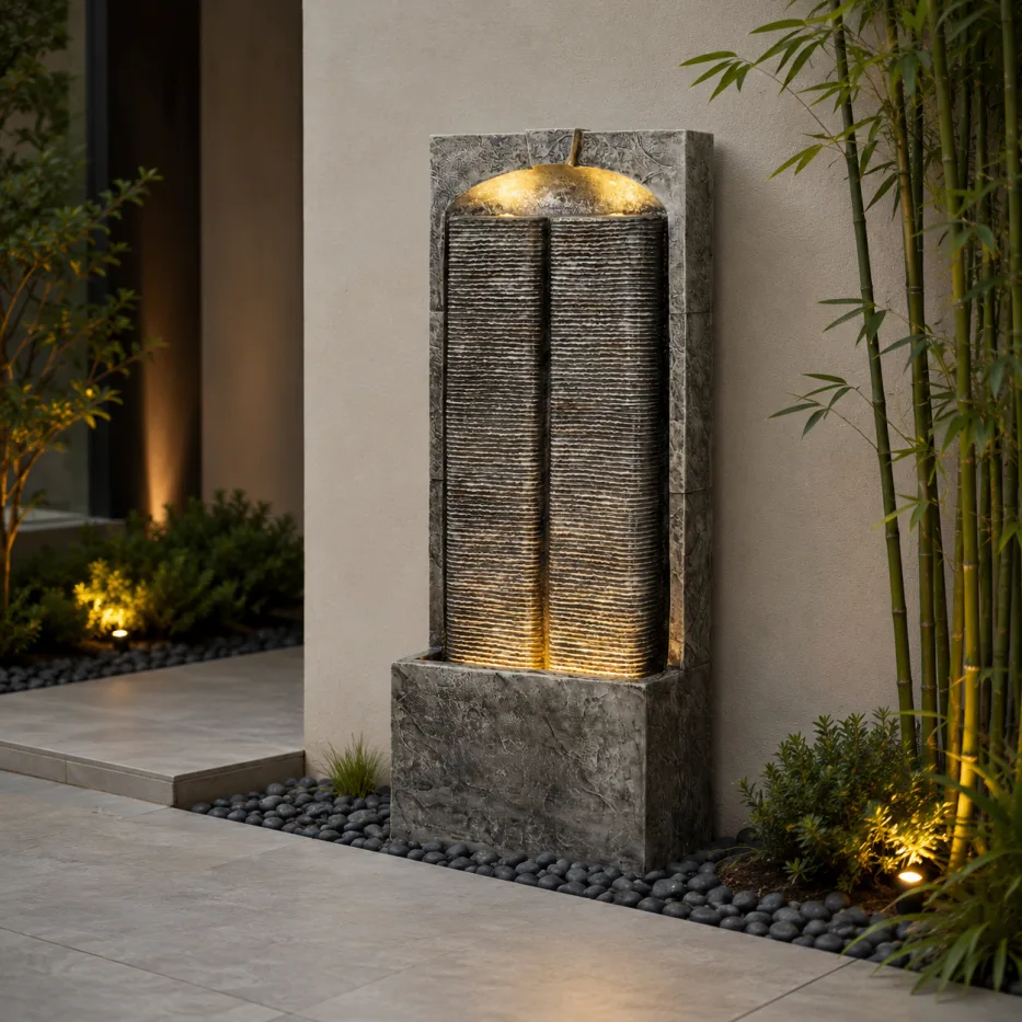 Outdoor Water Fountain Cascading LED Lights 39inch H, Resin Fiberglass With Quiet Pump, Freestanding Water Feature For Garden Patio Porch Lawn Indoor Outdoor Decor
