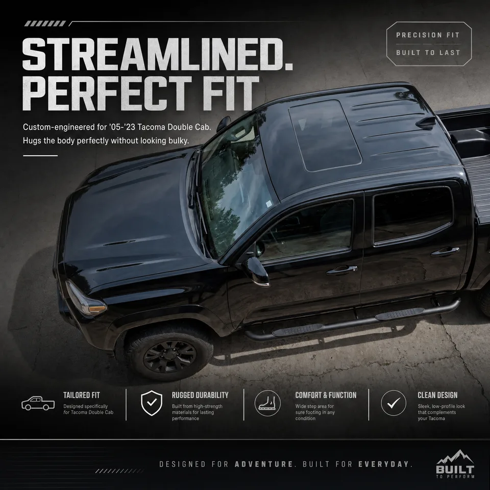 2PCS 4 Inch Running Boards Side Steps Fit Toyota Tacoma 2005-2023 (Crew Cab/Double Cab) Oval Straight Carbon Steel Black Powder, Off-Road view 2