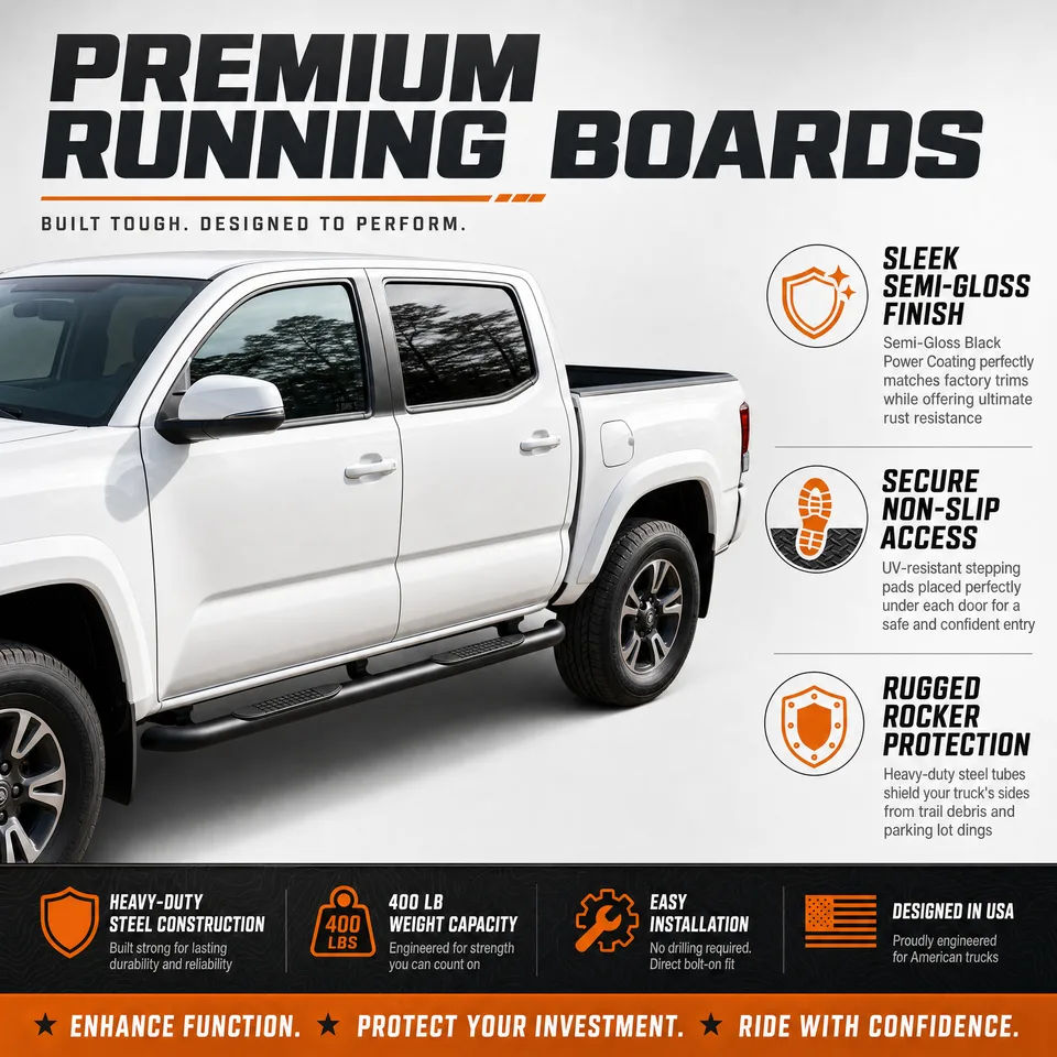 2PCS 4 Inch Running Boards Side Steps Fit Toyota Tacoma 2005-2023 (Crew Cab/Double Cab) Oval Straight Carbon Steel Black Powder, Off-Road view 3