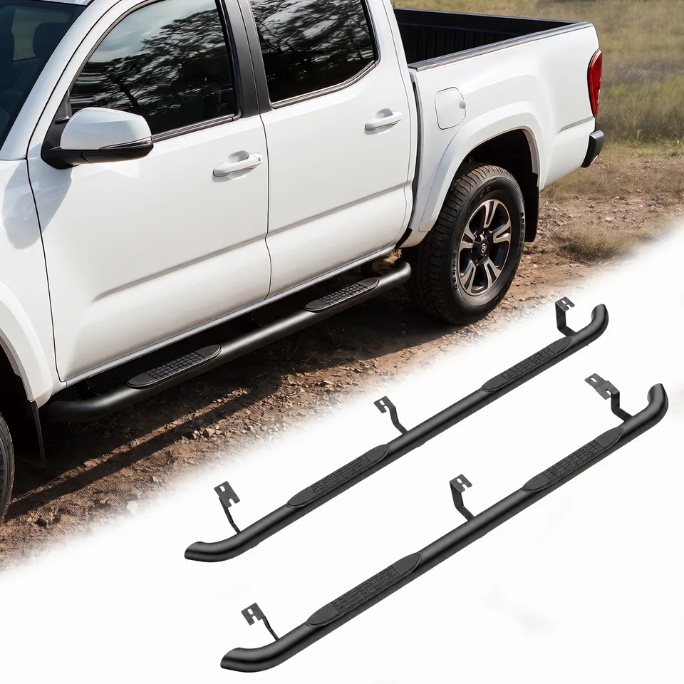 2PCS 4 Inch Running Boards Side Steps Fit Toyota Tacoma 2005-2023 (Crew Cab/Double Cab) Oval Straight Carbon Steel Black Powder, Off-Road view 1