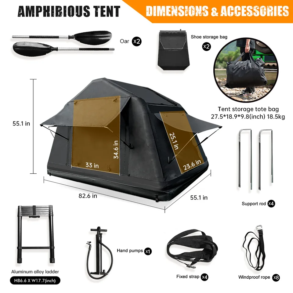 Portable Amphibious Inflatable Tent For Camping Foldable Offroad Roof Top Tent Floating Tent (With Ladder, Black) view 2
