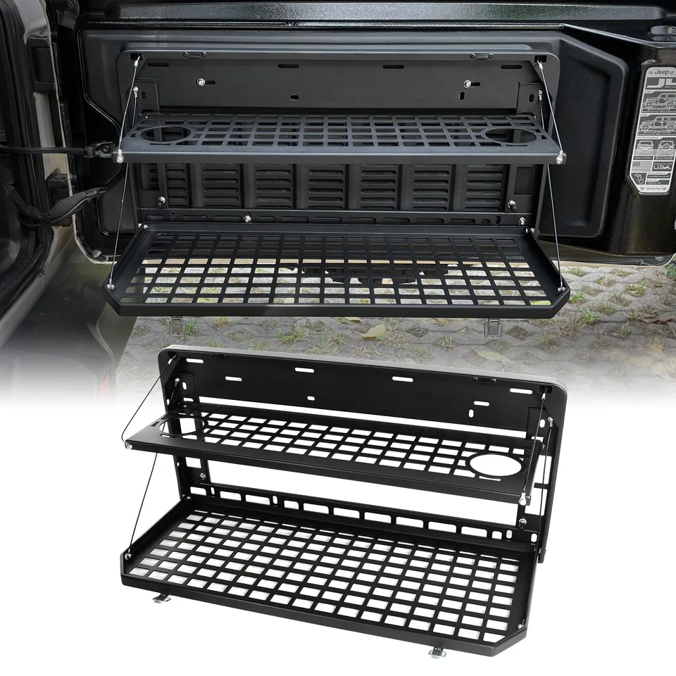 2-Tier Tailgate Table Rear Foldable Storage Cargo Rack Outdoor Camping Desk for 2007-2026 Jeep Wrangler JK&JL 4 Door (Not Fit JK Models with view 1