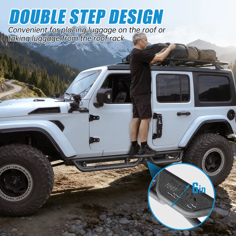 Coated Black Carbon 6-Inch 2-Stairs Side Step Rails Step Bars Steel Nerf Bars Running Boards Compatible with Jeep Wrangler JL 4 Doors view 3