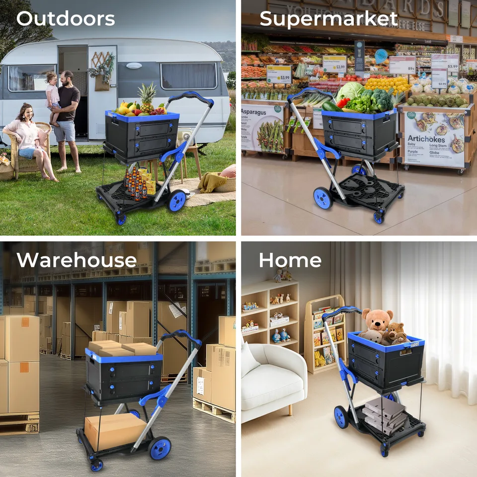 2-Tier Folding Cart Multi Use Functional Collapsible carts Shopping Trolley with Wheels Shopping Cart with Storage Crate Utility Cart for view 12
