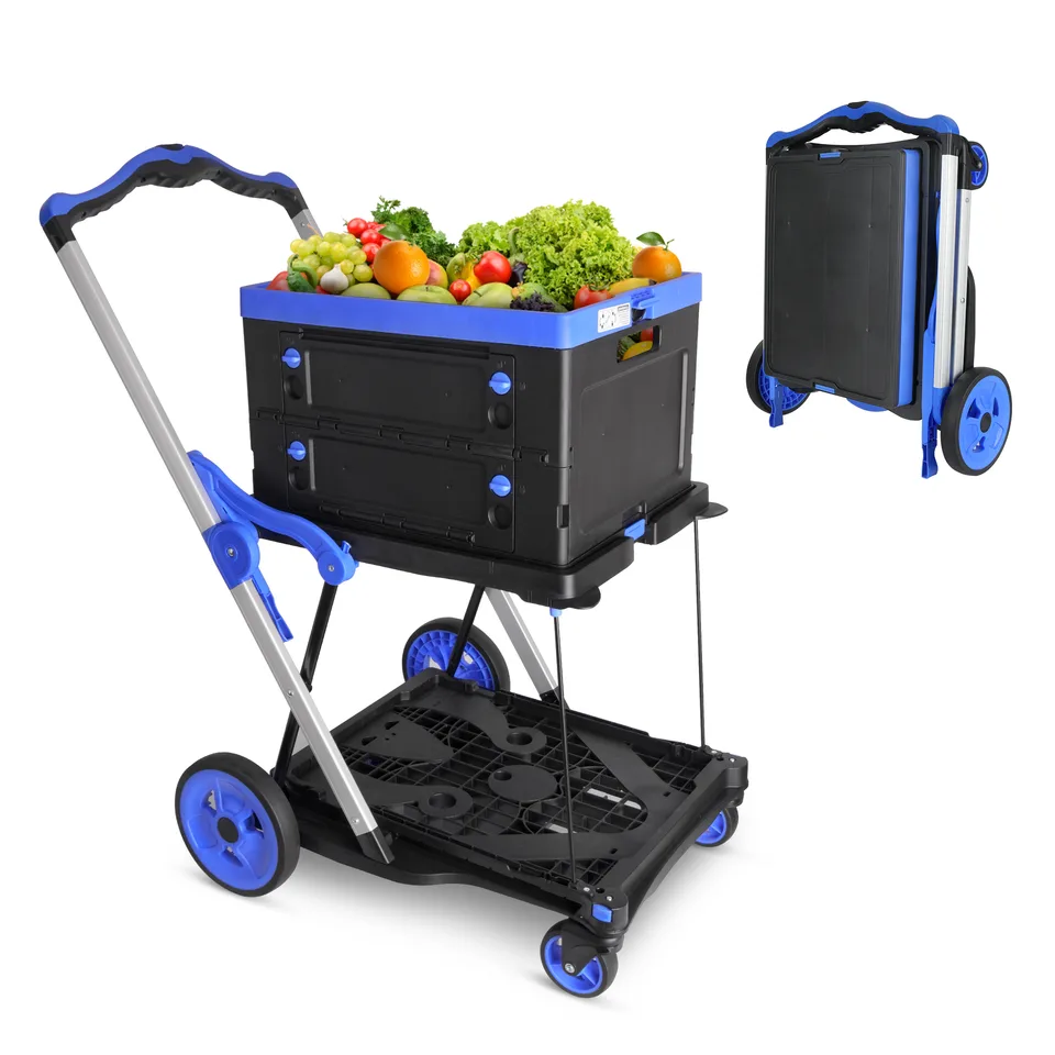 2-Tier Folding Cart Multi Use Functional Collapsible carts Shopping Trolley with Wheels Shopping Cart with Storage Crate Utility Cart for view 2