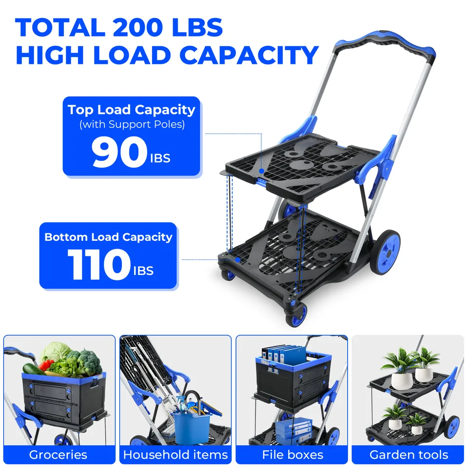 2-Tier Folding Cart Multi Use Functional Collapsible carts Shopping Trolley with Wheels Shopping Cart with Storage Crate Utility Cart for view 3