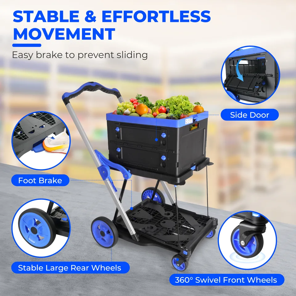 2-Tier Folding Cart Multi Use Functional Collapsible carts Shopping Trolley with Wheels Shopping Cart with Storage Crate Utility Cart for view 7