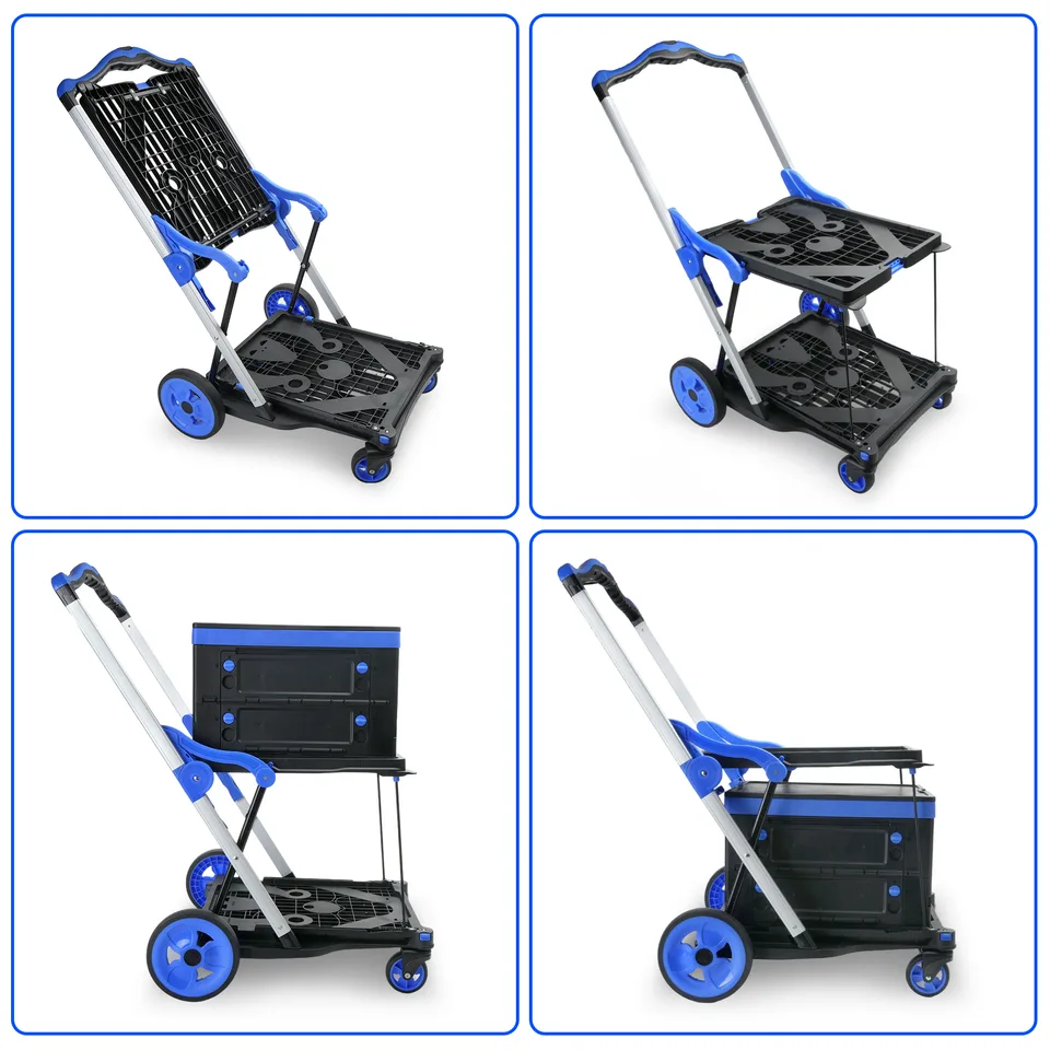 2-Tier Folding Cart Multi Use Functional Collapsible carts Shopping Trolley with Wheels Shopping Cart with Storage Crate Utility Cart for view 6