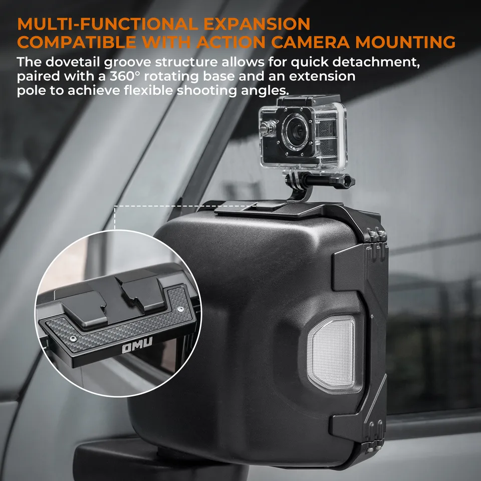 OMU Genesis Series Aluminum Rearview Mirror Rain Shield Frame For 2018+ Jeep Wrangler JL & 2020+ Jeep Wrangler Gladiator JT with Action view 9
