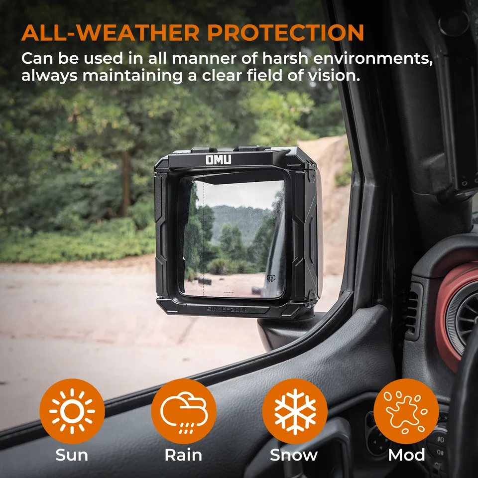 OMU Genesis Series Aluminum Rearview Mirror Rain Shield Frame For 2018+ Jeep Wrangler JL & 2020+ Jeep Wrangler Gladiator JT with Action view 10
